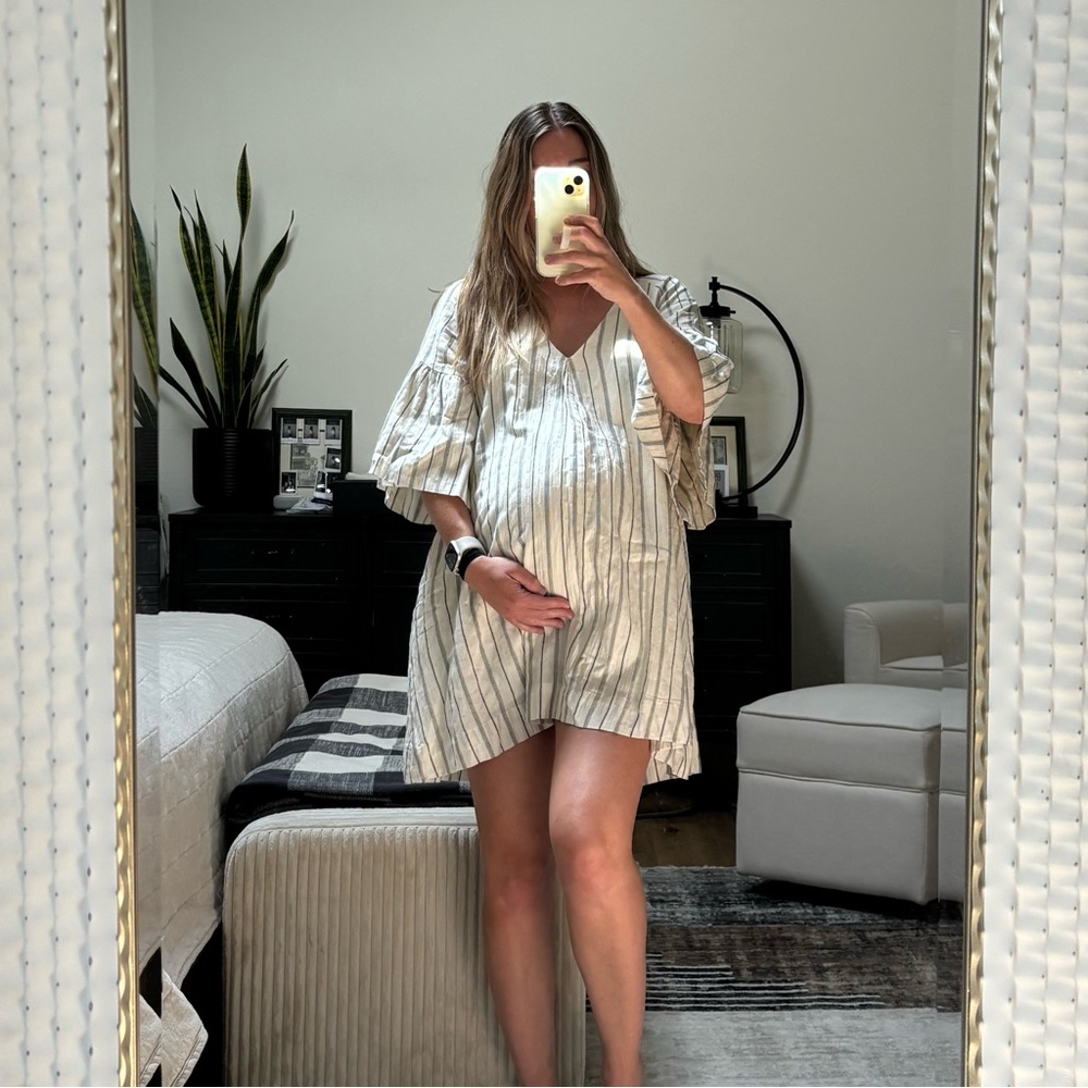 By Together Blaire Striped V Neck Flutter Sleeve Dress Pockets Small